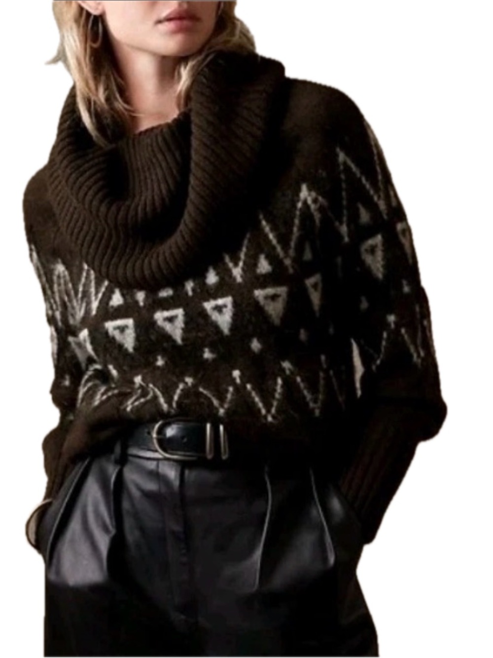BANANA REPUBLIC Wool Blend Brae Fair Isle Cowl Neck Sweater Chocolate Brown XS